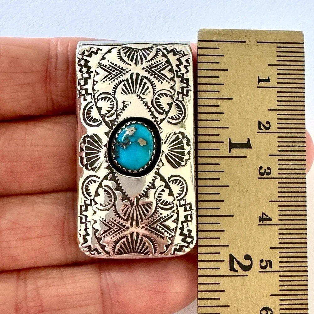 Navajo Turquoise Money Clip Sterling Mens Gift Handmade Skeets Shadowbox Stamped